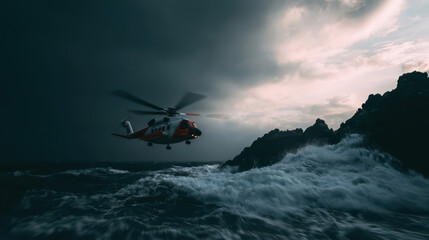 Fototapeta premium Powerful Rescue Mission: Orange Helicopter in Stormy Seas, Battling the Elements