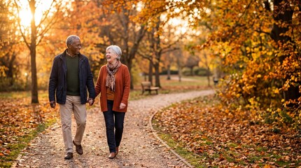 Fototapeta premium Elderly couple walks hand in hand on a path surrounded by trees with orange and yellow leaves during autumn in the late afternoon