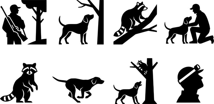 Black silhouette icons of hunting and outdoor activities featuring hunters dogs and raccoons