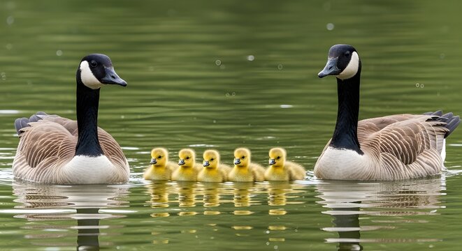 Canada geese family swimming protective parents with five goslings on calm water surface