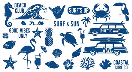 Set of coastal and surfing themed blue icons and design elements. © Safa_Sekar Madinah