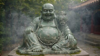 Obraz premium Large smiling Buddha statue sits in a garden surrounded by trees and smoke, inviting visitors to reflect and find joy during the morning light depicting astrology, feng-shui, fortune and luck