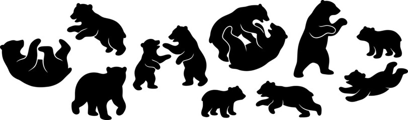 Bear cubs silhouette collection in playful and active forest wildlife poses vector illustration © Vecto_Pixels