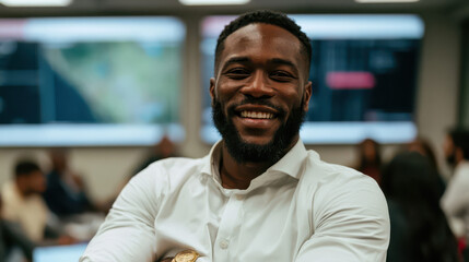 Obraz premium Confident Businessman with Gold Watch and Beard, Smiling in a Corporate Environment