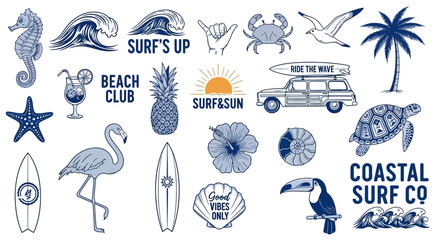 Set of hand drawn blue summer surf and beach icons. © Safa_Sekar Madinah