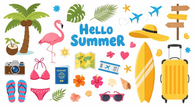 Summer vacation elements collection with travel icons and beach items.
