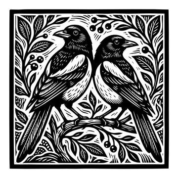 Black and White Heritage Woodcut Style Illustration of a pair of magpies