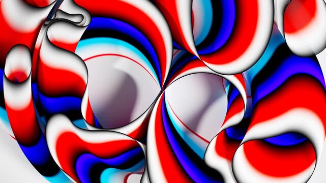 3d render of abstract art, video animation of surreal circles, ropes on a curve, wavy organic lines, forms in a deformation transformation process in purple and white, and blue gradient color