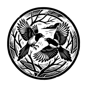 Black and White Heritage Woodcut Style Illustration of a pair of magpies