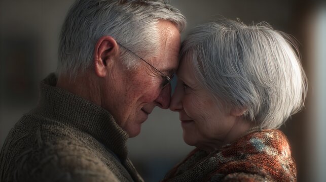A smiling senior couple shares a tender kiss together, celebrating a lifetime of happiness and love in their beautiful relationship