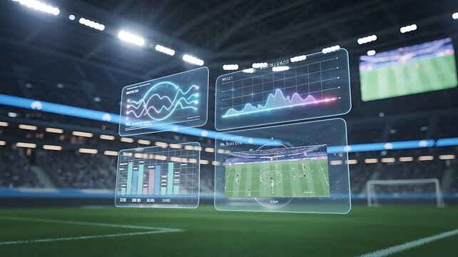 Futuristic stadium with data analytics and augmented reality displaying sports performance metrics