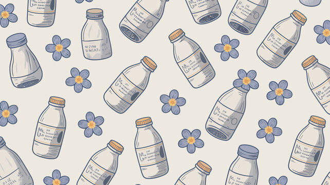 Glass bottles and blue flowers on a beige background pattern