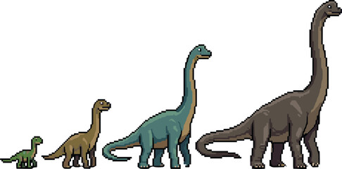 Pixel art sauropod dinosaur evolution illustration showing growth stages of long neck prehistoric species in retro game concept artwork © Sumi