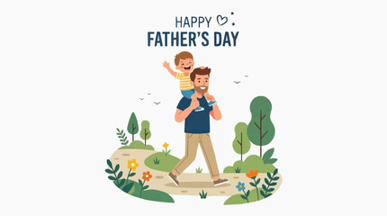 Naklejka premium Happy Father's Day illustration with a father carrying his son on his shoulders in a park. 