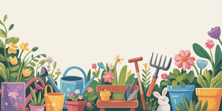 Gardening tools and flowers on a bench with a rabbit  gardening concept