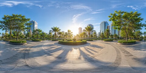 Obraz premium 360 HDRI Luxury Resort Pathway with Palm Trees for Travel Promotion, Outdoor Leisure, Hospitality Advertising and Vacation Background