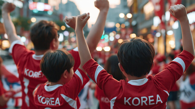 Korean Family Cheering Together on City Street in Red KOREA Football Jerseys, Rear View