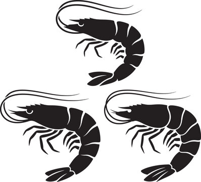 Set of black silhouette vector shrimps isolated on a white background with shellfish crustacean silhouette isolated