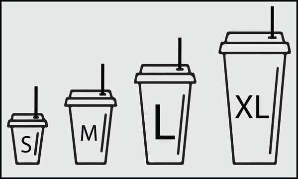 Vector coffee cup sizes, small to extra large, disposable cups with straws