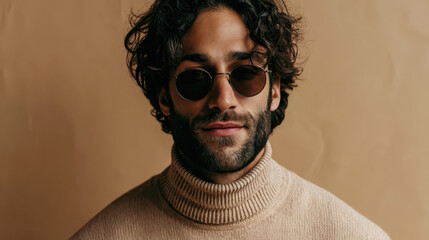 Fototapeta premium Confident Man in Beige Turtleneck, Dark Sunglasses, Studio Portrait with Calm Expression and Soft Lighting.