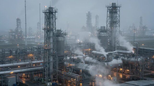 Medium shot of a carbon capture unit with tall towers and absorbers processing CO2 from refinery flue gas showcasing advanced industrial technology in a foggy atmosphere