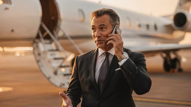 Highlevel manager prepared for departure on luxurious private aircraft at dusk