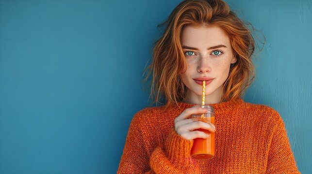 A beautiful blonde woman with a stylish smile holds a glass of water in her hand while looking at the camera with glamour and fashion