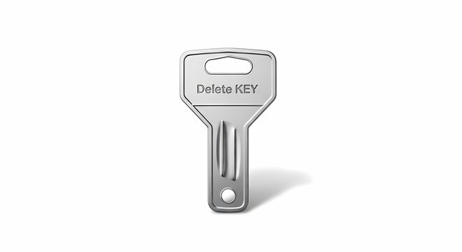 Silver key engraved with delete key text on white background, access control
