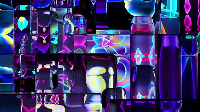 3d render of abstract art of a surreal 3d background based on liquid glass cubes box in curved wavy, smooth, and soft organic neon glowing lines forms in a color gradient on black
