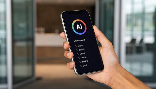 Person holding a modern smartphone displaying an ai interface with language selection options, including english, deutsch, espa?ol, fran?ais, and