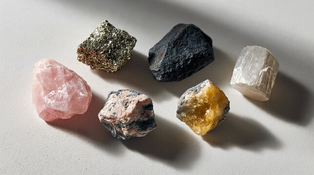 Collection of assorted raw mineral and crystal specimens arranged on white background