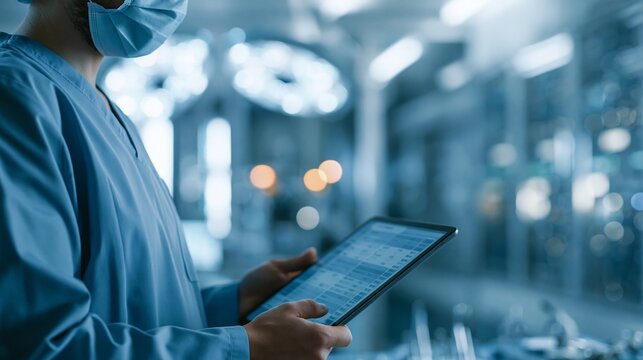 Focused portrait of a surgeon holding a tablet checking transfer schedule with soft background bokeh of surgical tools and sterile corridor under bright clinical lights