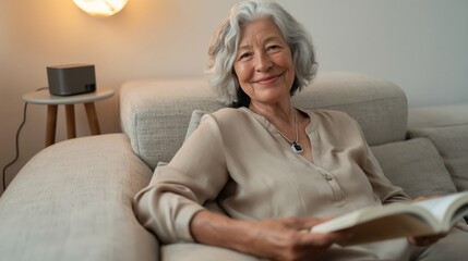 Obraz premium Smiling senior Caucasian woman relaxing on sofa reading book at home