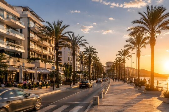 Palm lined waterfront boulevard with luxury residences during sunset