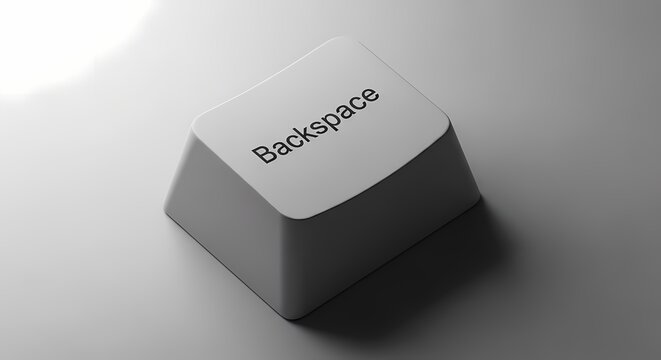 White computer keyboard key with backspace text on gray background, undo concept