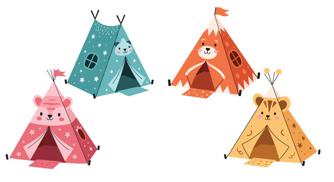 Four colorful children's play tents or teepees feature cute animal faces like a bear, tiger, and cat in pink, blue, and orange.