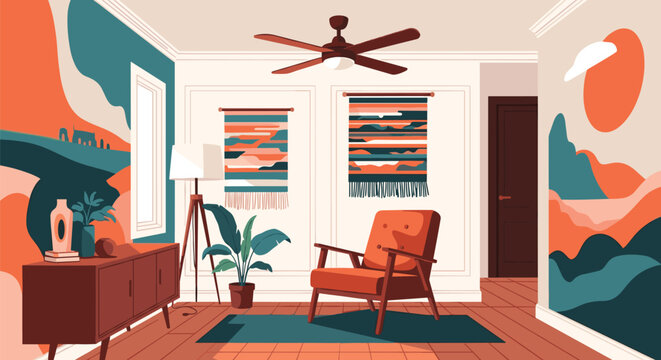 Modern stylish living room interior with abstract landscape wall murals mid-century orange chair and a ceiling fan in warm tones.