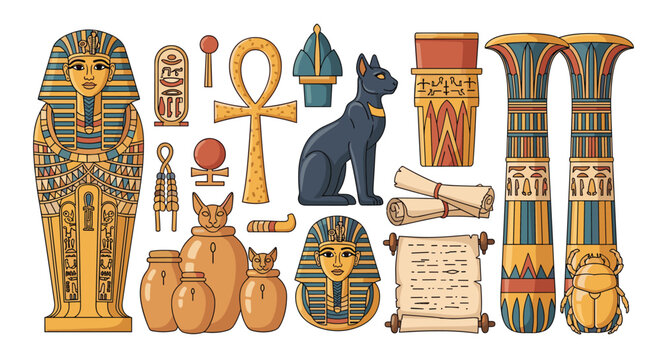 Detailed collection of ancient Egyptian icons featuring a pharaoh sarcophagus sacred cat ankh symbol papyrus and ornate columns.