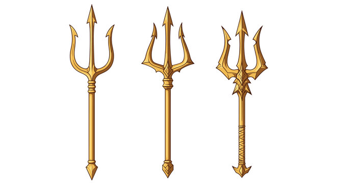 Set of three golden tridents with different ornamental designs ranging from classic mythological styles to ornate royal spears.