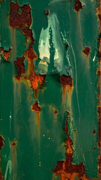 A close-up view of a weathered metal surface with green paint chipping off to reveal rusty spots