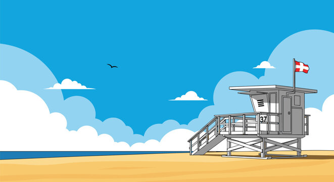 Classic lifeguard tower standing on a quiet sandy beach under a vast bright blue sky with large fluffy white clouds.