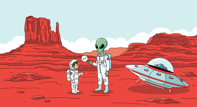 Friendly meeting between an astronaut and an alien on the surface of Mars with a silver spaceship and red rocky mountains.