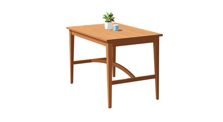 Fototapeta premium Simple wooden dining table features a minimalist design with a small potted green plant and a blue coffee mug on its surface.