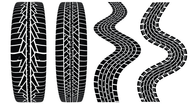 Set of black and white tire tread patterns shows detailed vertical views of tires alongside winding tire tracks on a white surface.