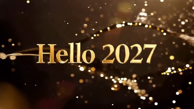 Golden hello 2027 text with floating particles and bokeh lights on black background