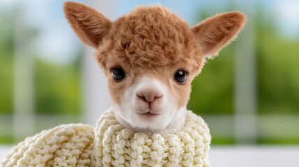 Naklejka premium Cute Baby Alpaca Wearing Knitted Scarf Looking Curious at Camera