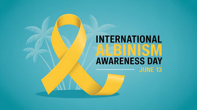 International albinism awareness day on june 13th with yellow ribbon and palm trees on blue background