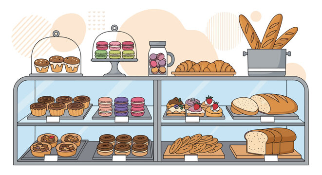Large glass display case in a bakery filled with delicious baked goods like muffins, macarons, croissants, bread, tarts, and cookies.