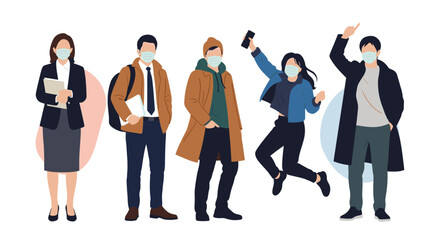 Obraz premium Diverse group of men and women wearing stylish winter outfits and protective face masks while standing and jumping for joy.