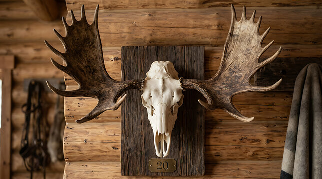 Moose skull with antlers on wooden wall illustration